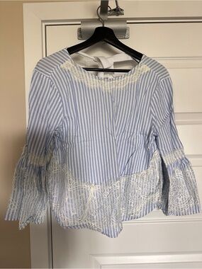 ZARA Woman Blue White Stripe Lace Peplum Blouse Size M